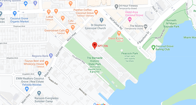 Map of office location in Coconut Grove, Florida.